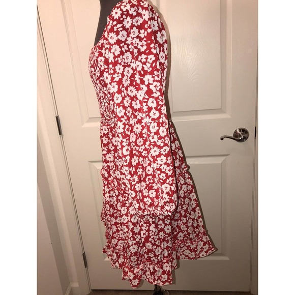 Women’s Red & White Floral Dress, LARGE, Smocked, Tiered Sheer - Picture 9 of 14